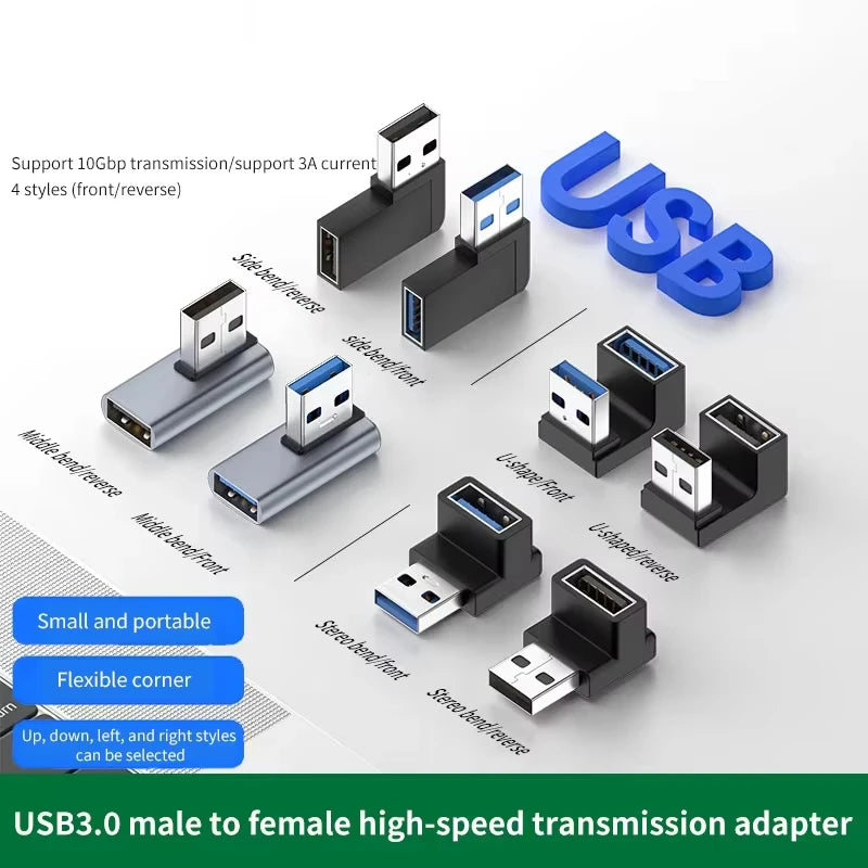 NNBILI USB3.0 Male to Female Right Angle Extension Adapter USB Upward Elbow 90 Degree Adapter 10Gbps For Laptop PC Connector