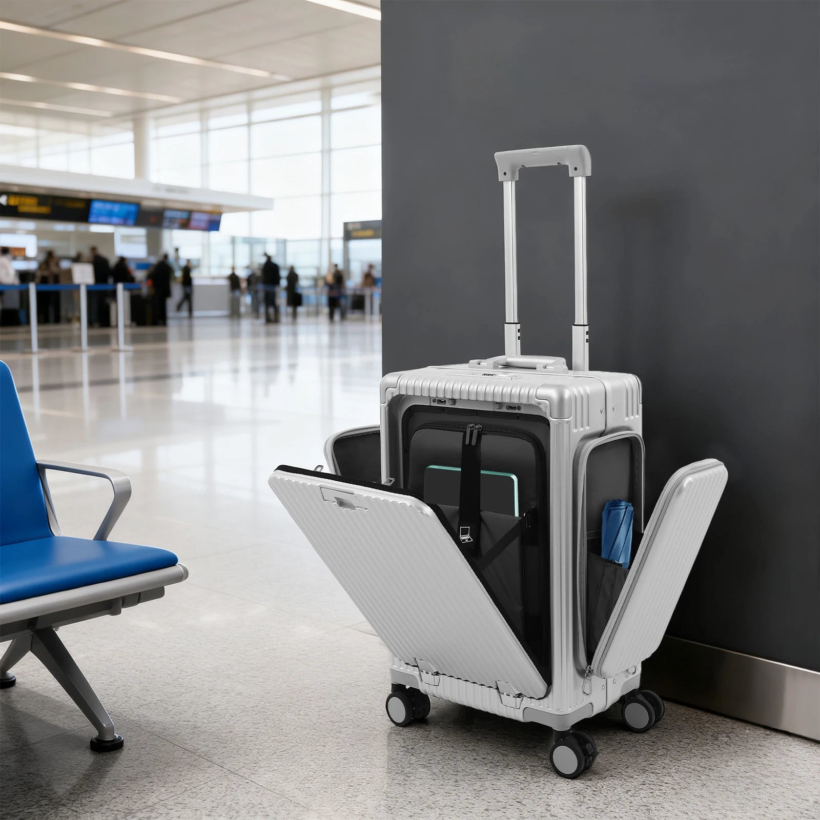 Modern 20in PC Luggage Suitcase Aluminum Alloy Hard Shell Travel Suitcase with 4 Wheels 3-open Structure for Trips