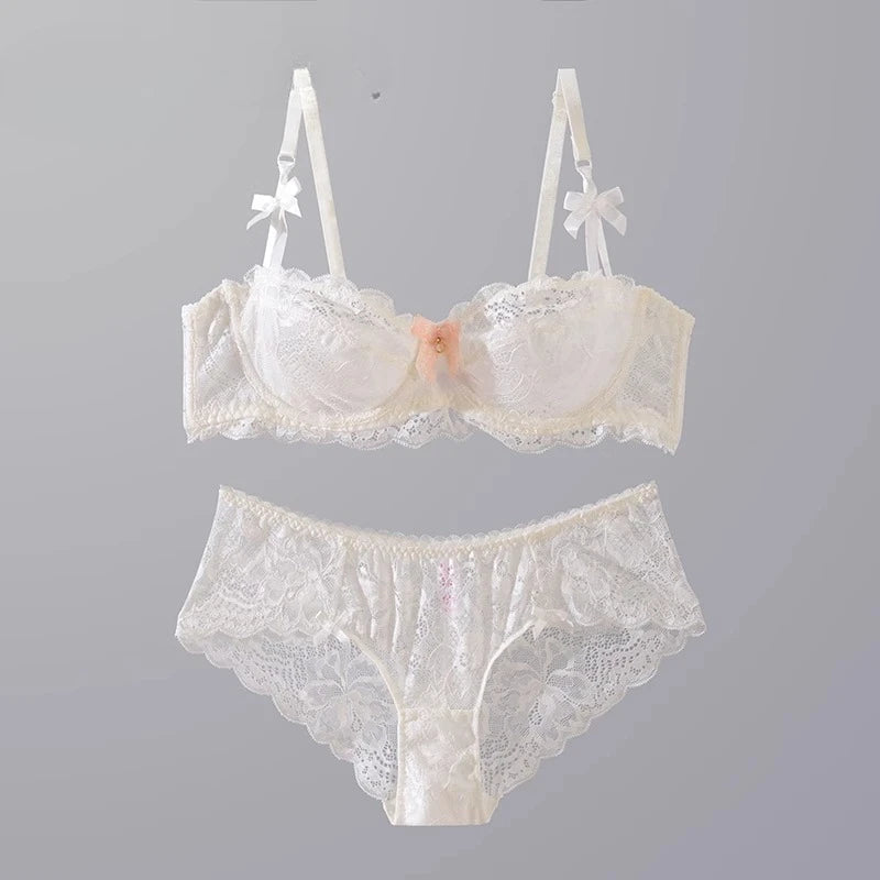 MOYISU Summer Lingerie Set Sheer French Lace Minimiser Bra Briefs Ultra Thin Sexy Women's Underwear Big Bust Sexy Tushy & Panty