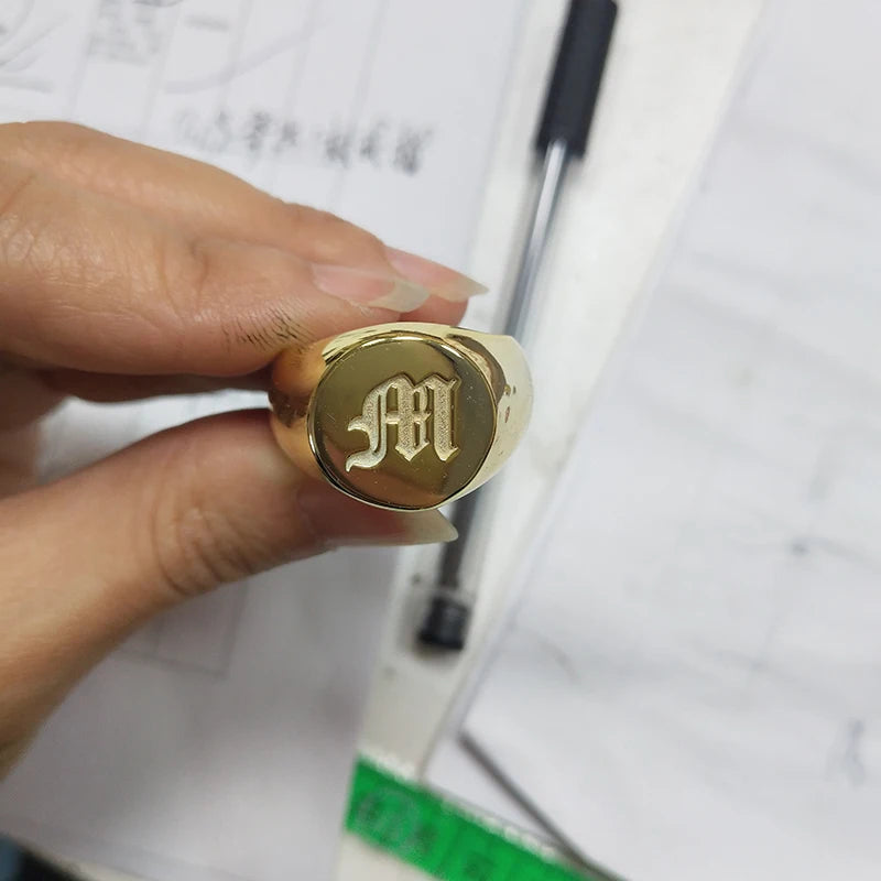 Custom Engraved 17mm Round Top Ring Engraved Signet Ring Personalize Engraving Letters Logo Rings Fashion Men Copper Jewelry