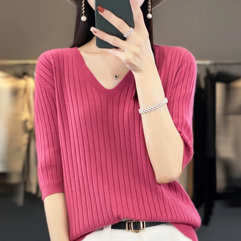 Women's Sweater Spring Summer Short Sleeve V-neck Knit Shirt Casual Korean Pullovers Stripe Bottoming Shirt Slim Fit Jumpers Main image