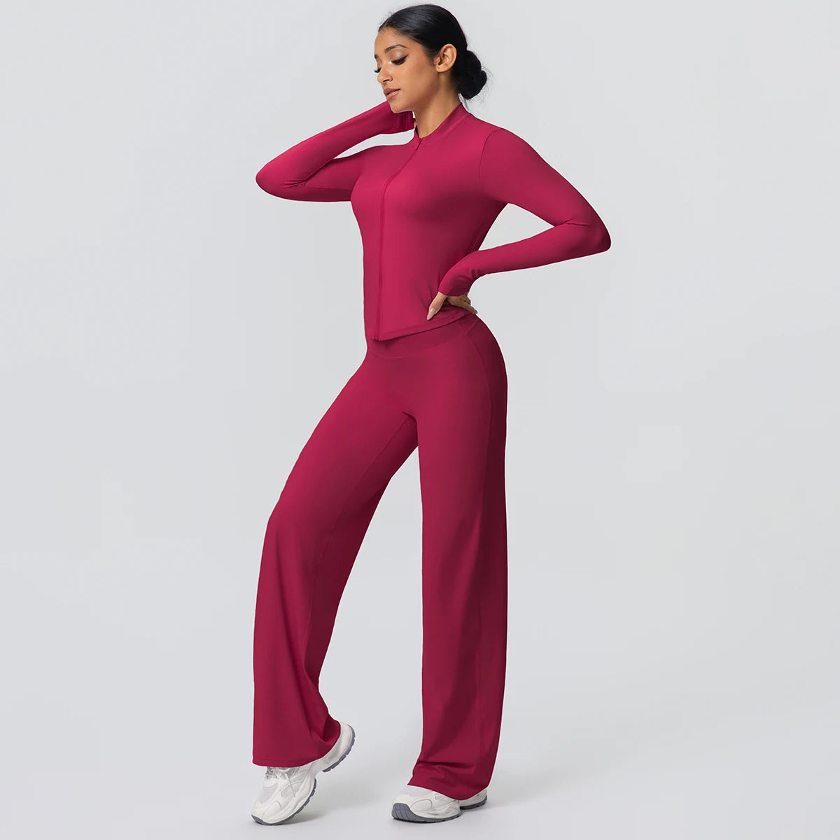 2pieces Quick Drying Sports Fitness Clothing Yoga Set Women Yoga Zipper Long Dleeves High Waisted Breathable Wide Leg Pants Set