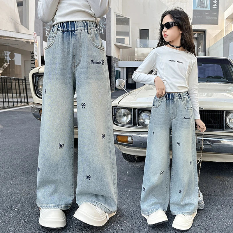 New 4-14 Years Spring Autumn Teenage Girls Jeans Full Print Bow Embroidery Fashion Wide-leg Denim Pants For Kids Main image