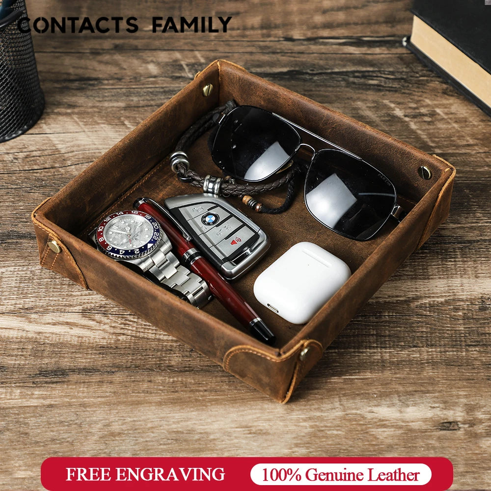 Retro Genuine Leather Storage Tray Desktop Organizer For Key Jewelry Coins Cable Cosmetic Storage Box Home Decoration Main image
