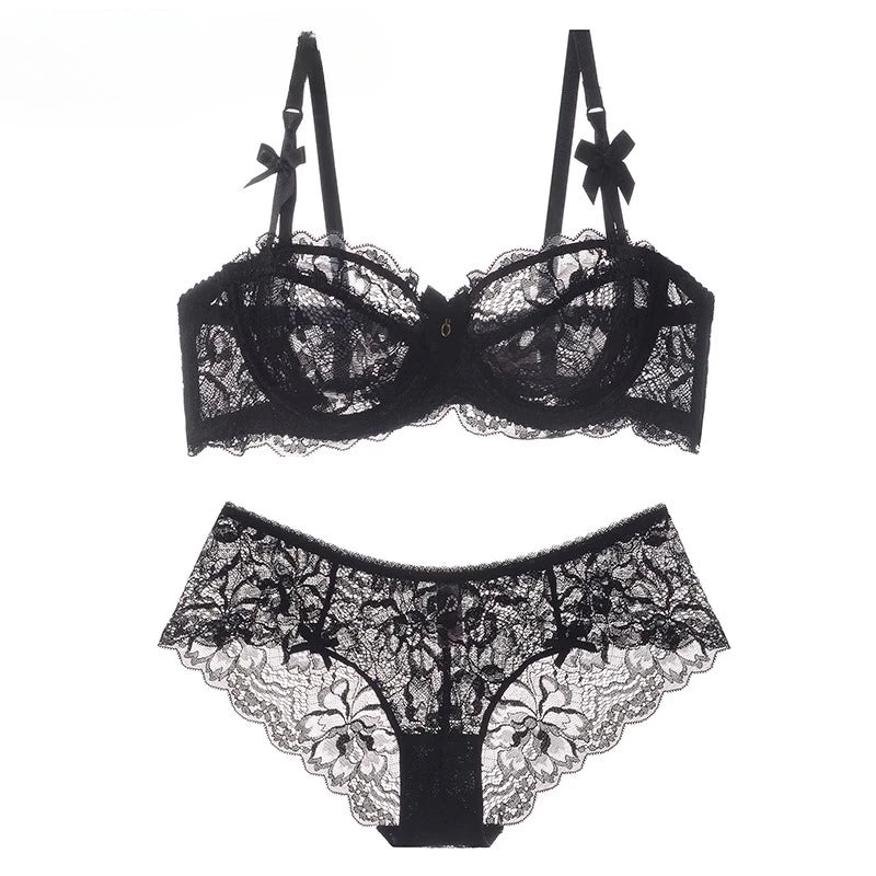 MOYISU Summer Lingerie Set Sheer French Lace Minimiser Bra Briefs Ultra Thin Sexy Women's Underwear Big Bust Sexy Tushy & Panty