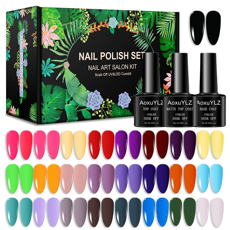 28Pcs/Set Gel Nail Polish Set Glass bottle Soak Off UV Gel Varnish Red Pink Colorful Gel Polish Matte Top Base Coat Nail Gel Kit Secondary image