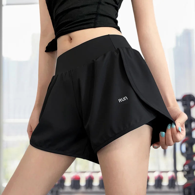 Women Leisure Sports Anti-exposure Fake Two-piece Slimming Sports Gym Nude Yoga Breathable Shorts