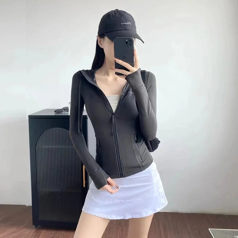 Women's hooded breathable outdoor running fitness yoga suit, woolen cardigan long sleeved top