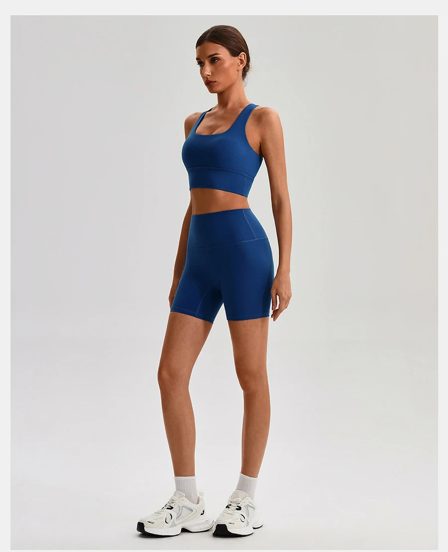 Buttery Soft Nylon Yoga Set Crisscross Back Sports Bra High Waist Biker Shorts 2 Piece Gym Set Workout Outfit Women Activewear