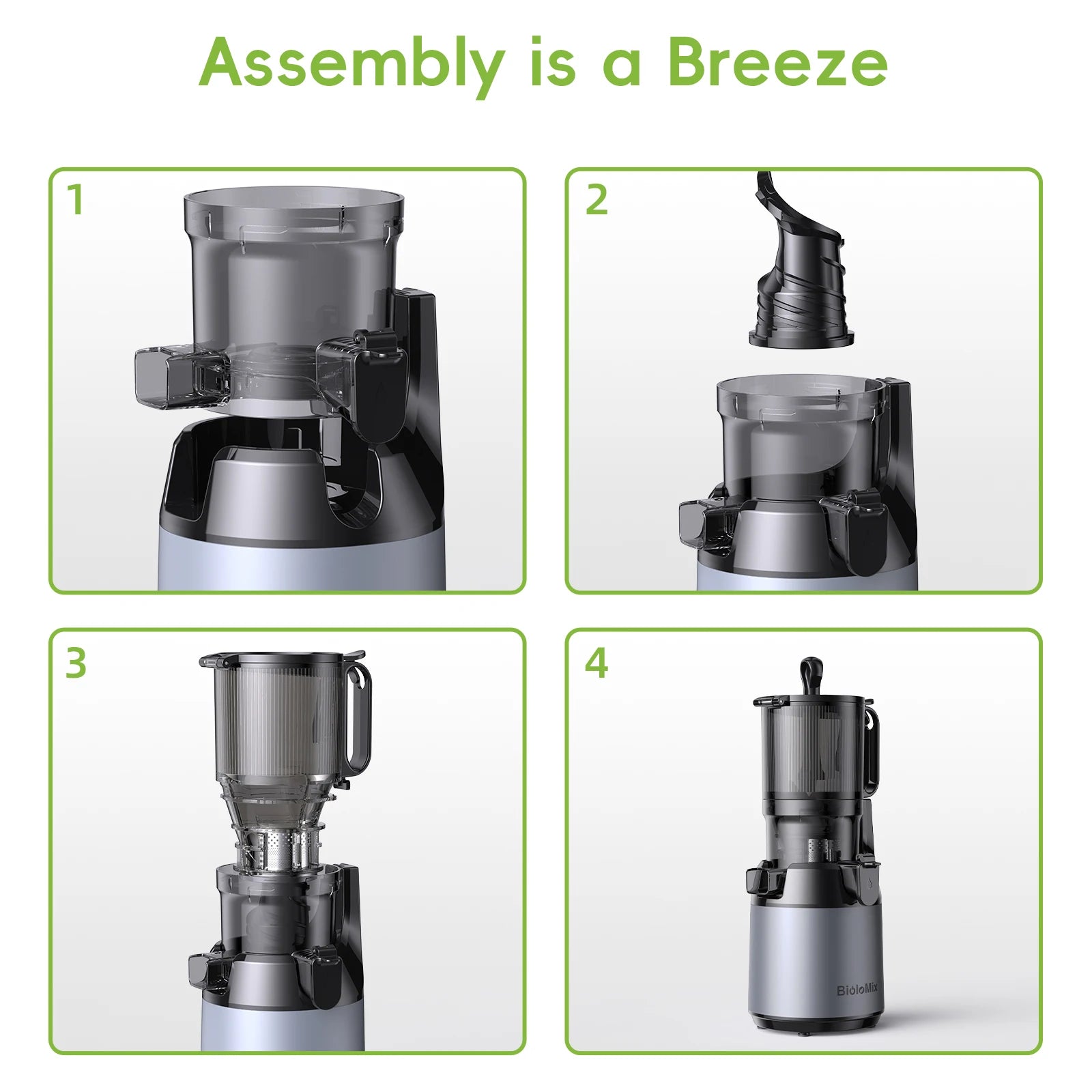 BioloMix Cold Press Juicer,with 130mm Feed Chute,Fit Whole Fruits & Vegetables,High Juice Yield,BPA FREE Slow Masticating Juicer