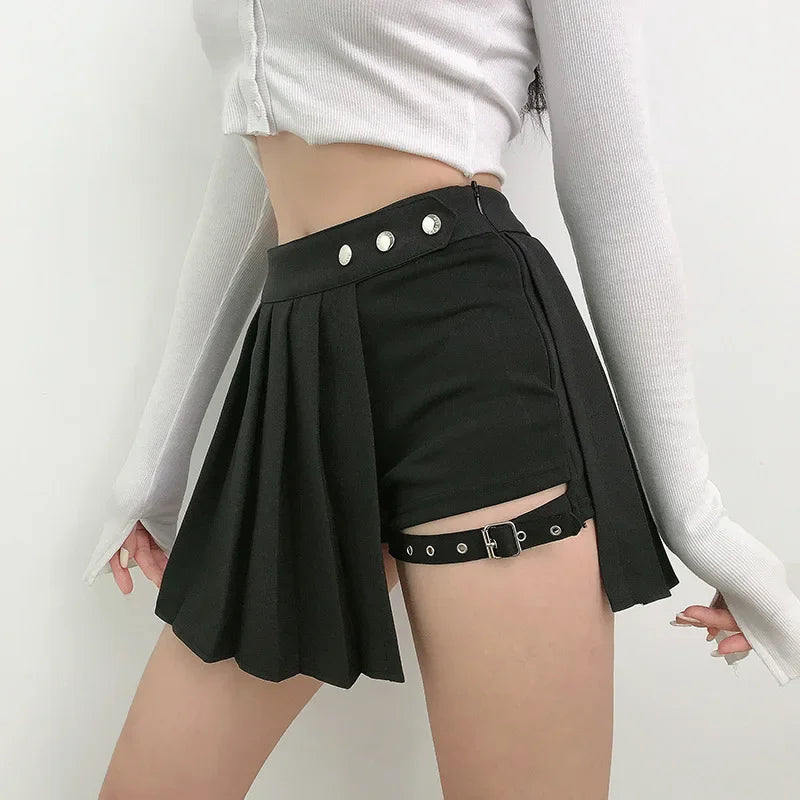 Summer Harajuku Punk Style Plaid Irregular Skirts Women Asymmetrical High Waist Black Skirts Pleated Girls Gothic Half Skirts Main image