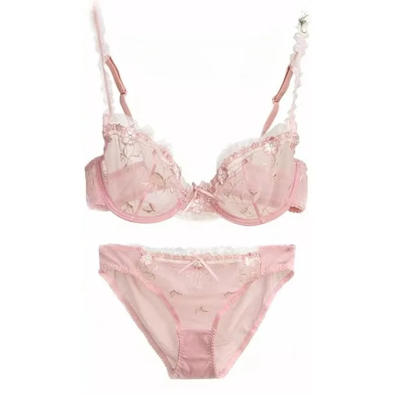 French Style Minimiser Bra Set | Big Size Unpadded Lace Half Cup, Large Cup Thin Anti-Sagging Sheer Lingerie Set BANERDANNI Bras Main image