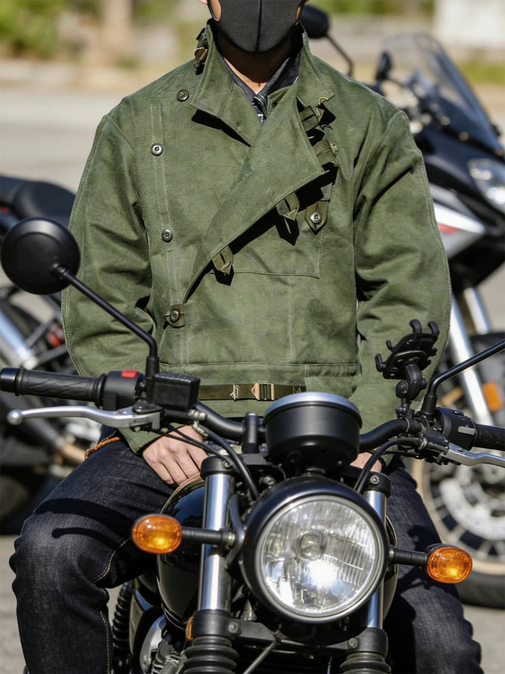 Swedish motorcycle jacket, men's retro military green casual cropped jacket, 100% cotton canvas workwear asymmetric safari style