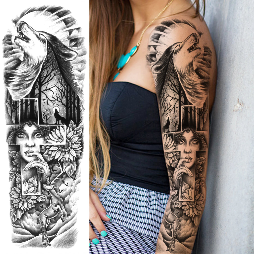 1 Sheet Full Arm Compass Zeus Skull Tiger Lion Flower Temporary Tattoos Sleeve For Men Women Adults Fake Temp Sticker Tattoo