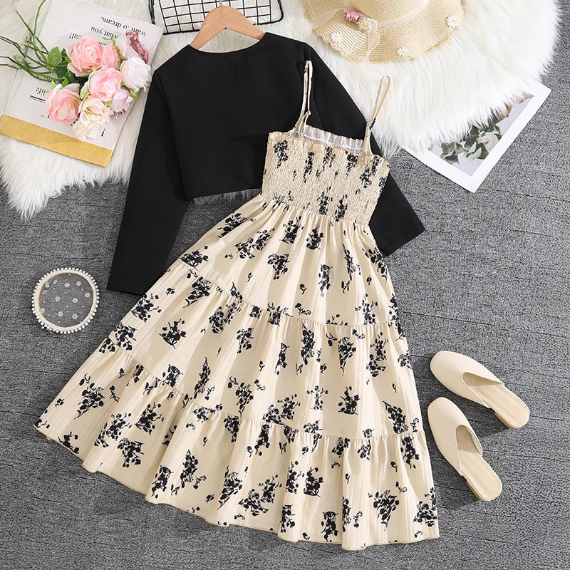 Kid Girl Long Sleeve Bow Design Coat & Beige All Print Shirred-Bodice Sling Dress Set Cute Sweet Elegant Princess Dress For Kids