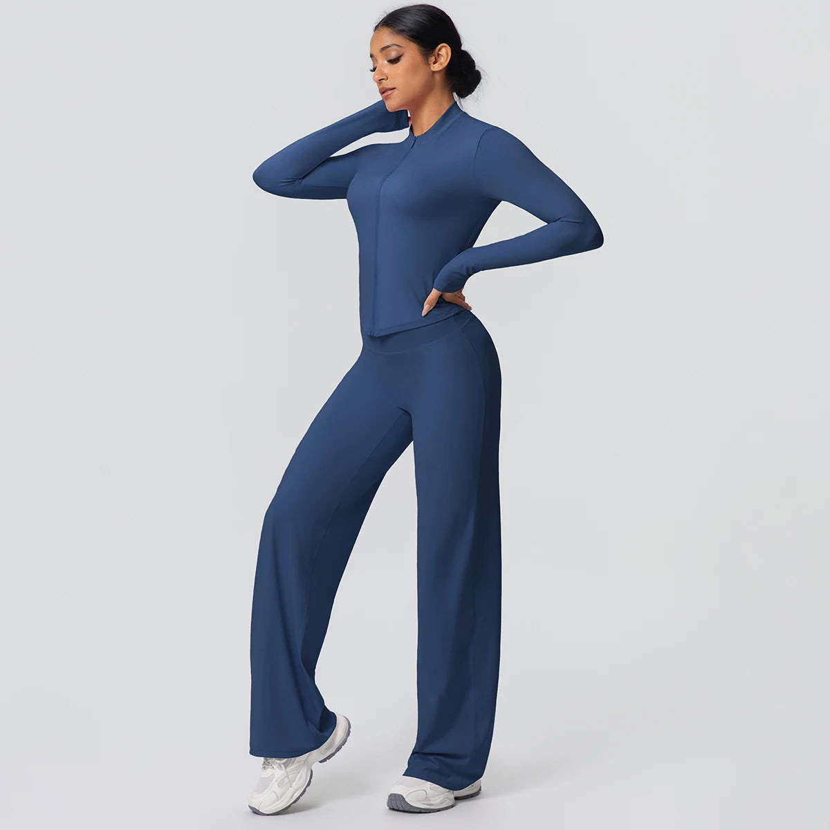 2pieces Quick Drying Sports Fitness Clothing Yoga Set Women Yoga Zipper Long Dleeves High Waisted Breathable Wide Leg Pants Set
