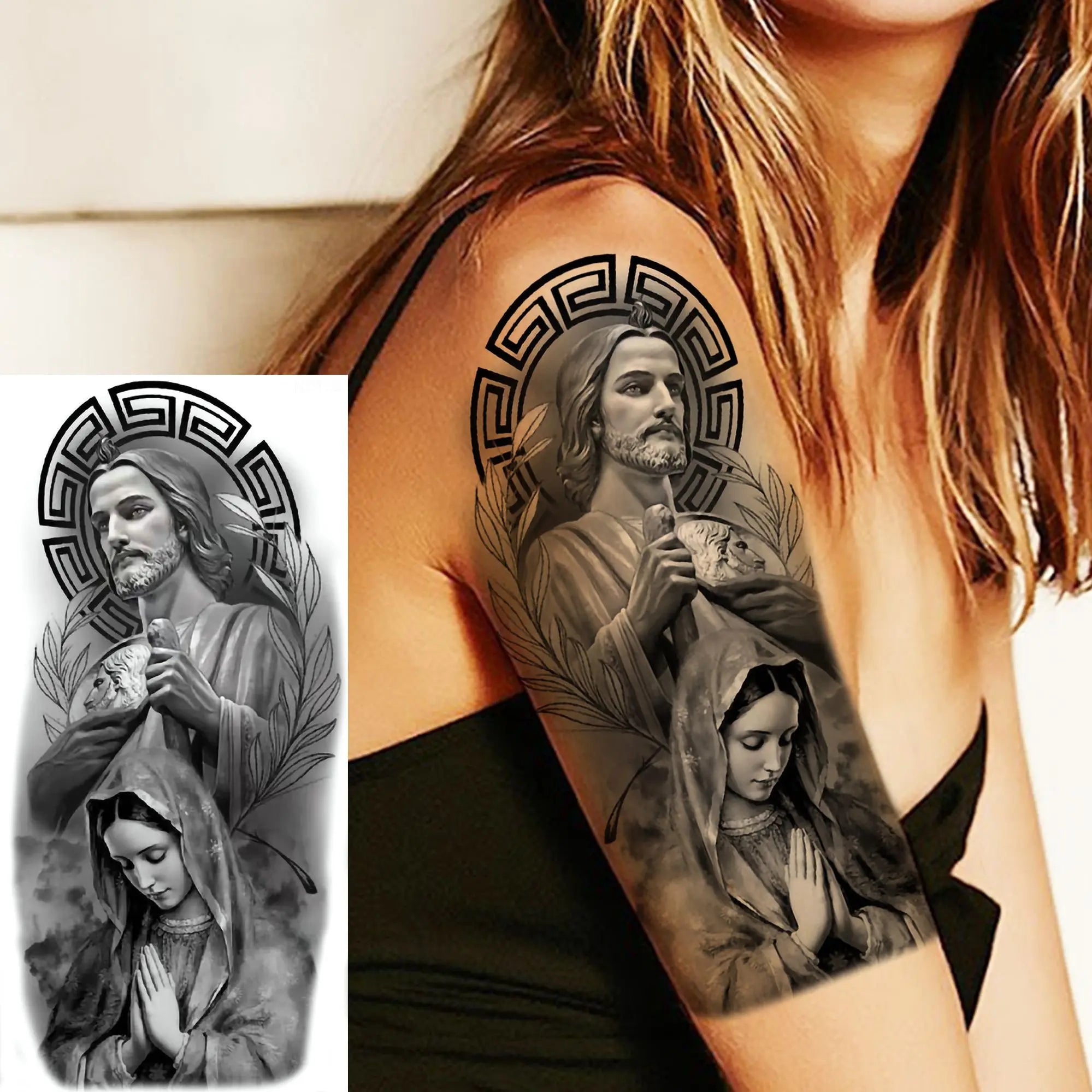 1 Sheet Realistic Jesus Holy Mother Pray Temporary Tattoos For Men Women Adults Long Lasting Waterproof Temp Fake Tattoo Sticker