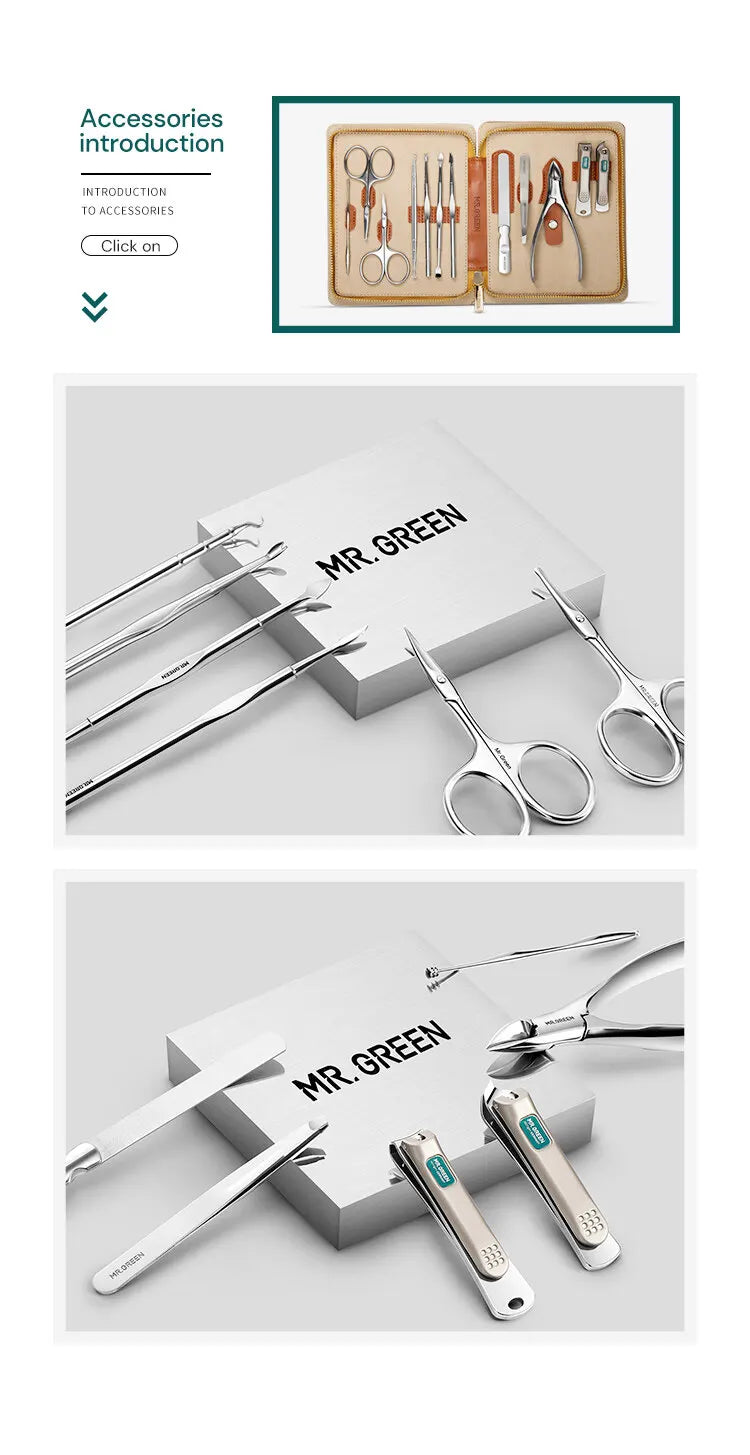 MR.GREEN Manicure Set 12 In 1 Full Function Kit Professional Stainless Steel Pedicure Sets With Leather Portable Case Idea Gift