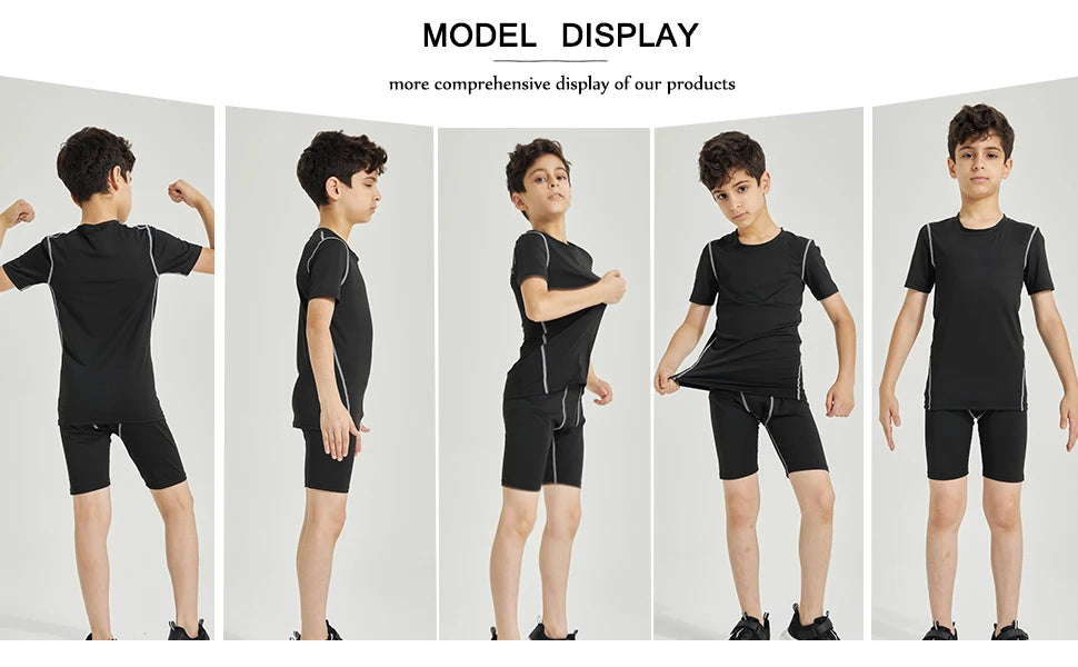 Youth Boys' Compression Sports Set Short Sleeve Athletic Shirts & Shorts Base Layer Set Sports Youth for Kids Football