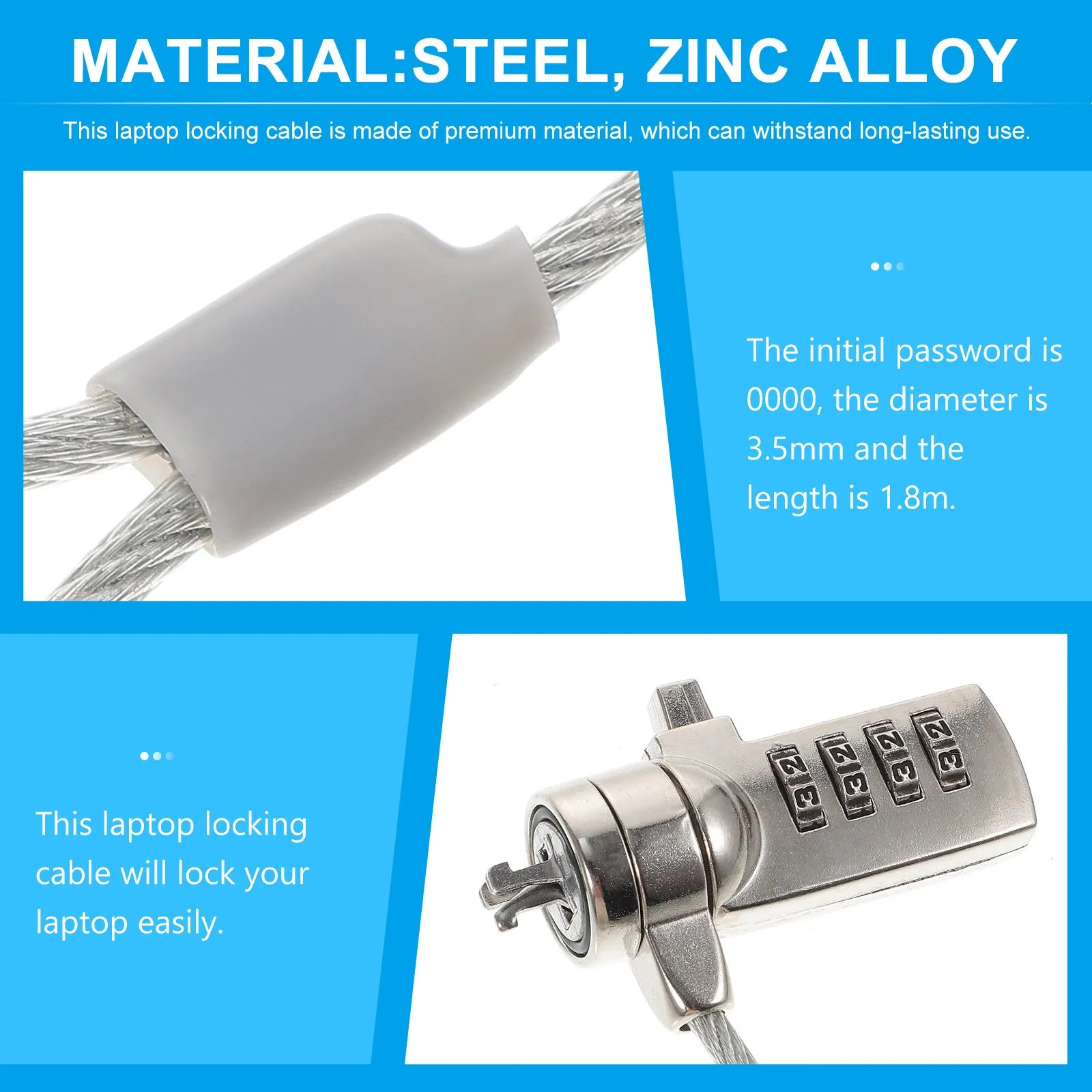 1.8M 3.5mm Laptop Security Cable Lock | 1-Digit Combination Anti-theft Steel Cable Lock for Business Laptops & Tablets Main image