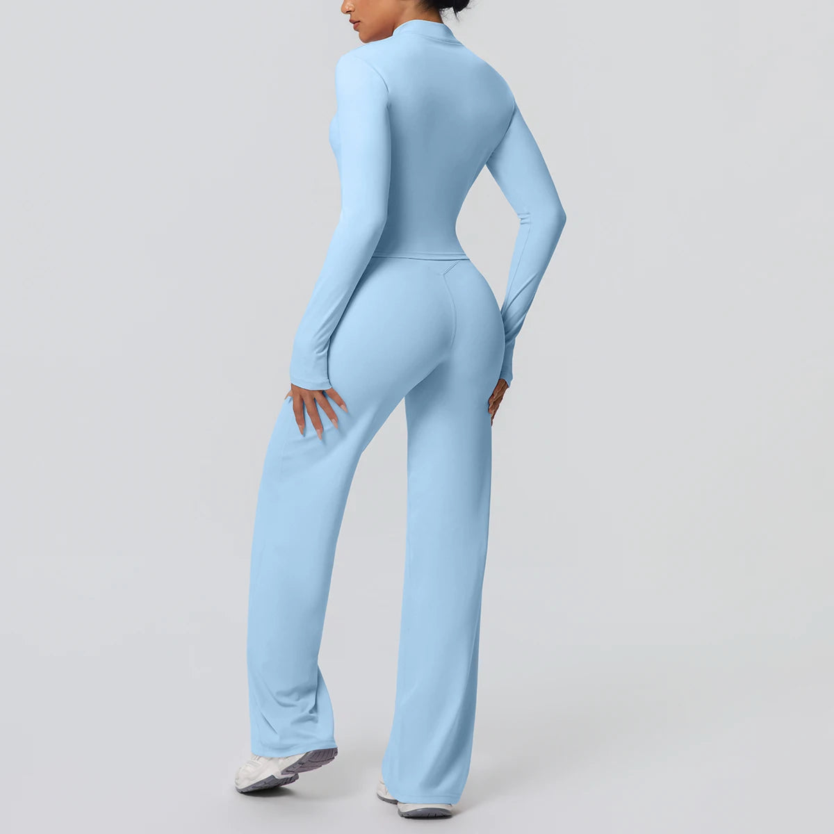 2pieces Quick Drying Sports Fitness Clothing Yoga Set Women Yoga Zipper Long Dleeves High Waisted Breathable Wide Leg Pants Set