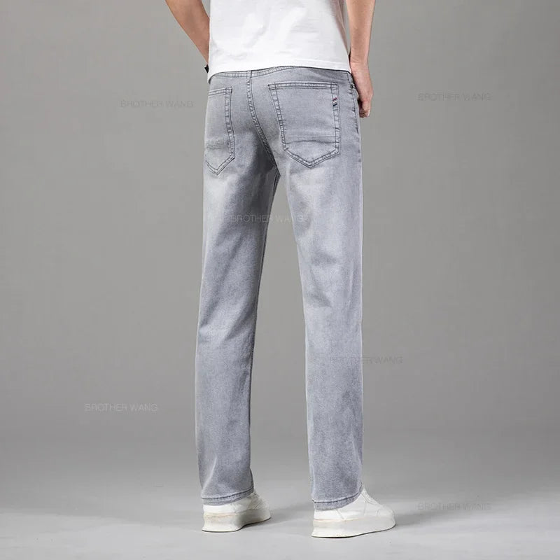Summer Thin Men's Elastic Cotton Jeans Fashion Gray Comfortable Business Straight Casual Pants Brand Male Clothes Trousers Secondary image