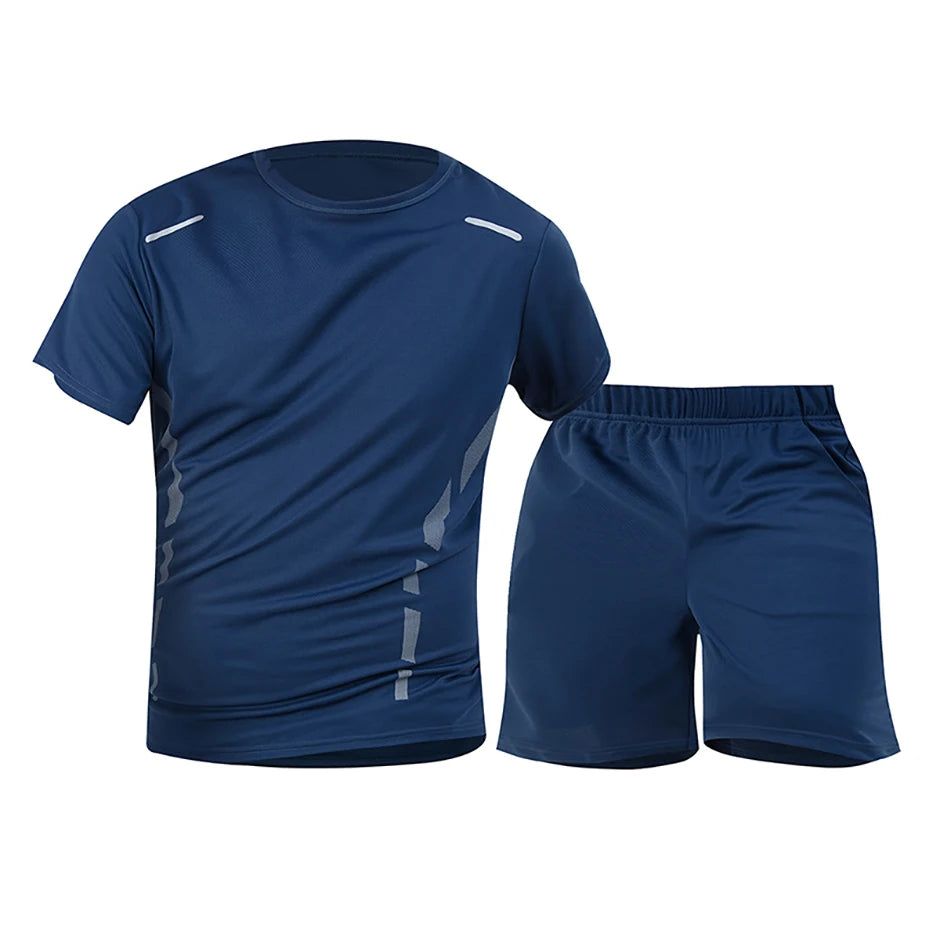 2-Piece Men's Summer Quick drying Sports Suit Loose And Breathable Short Sleeved T-shirt Running And Fitness Black Pocket Shorts
