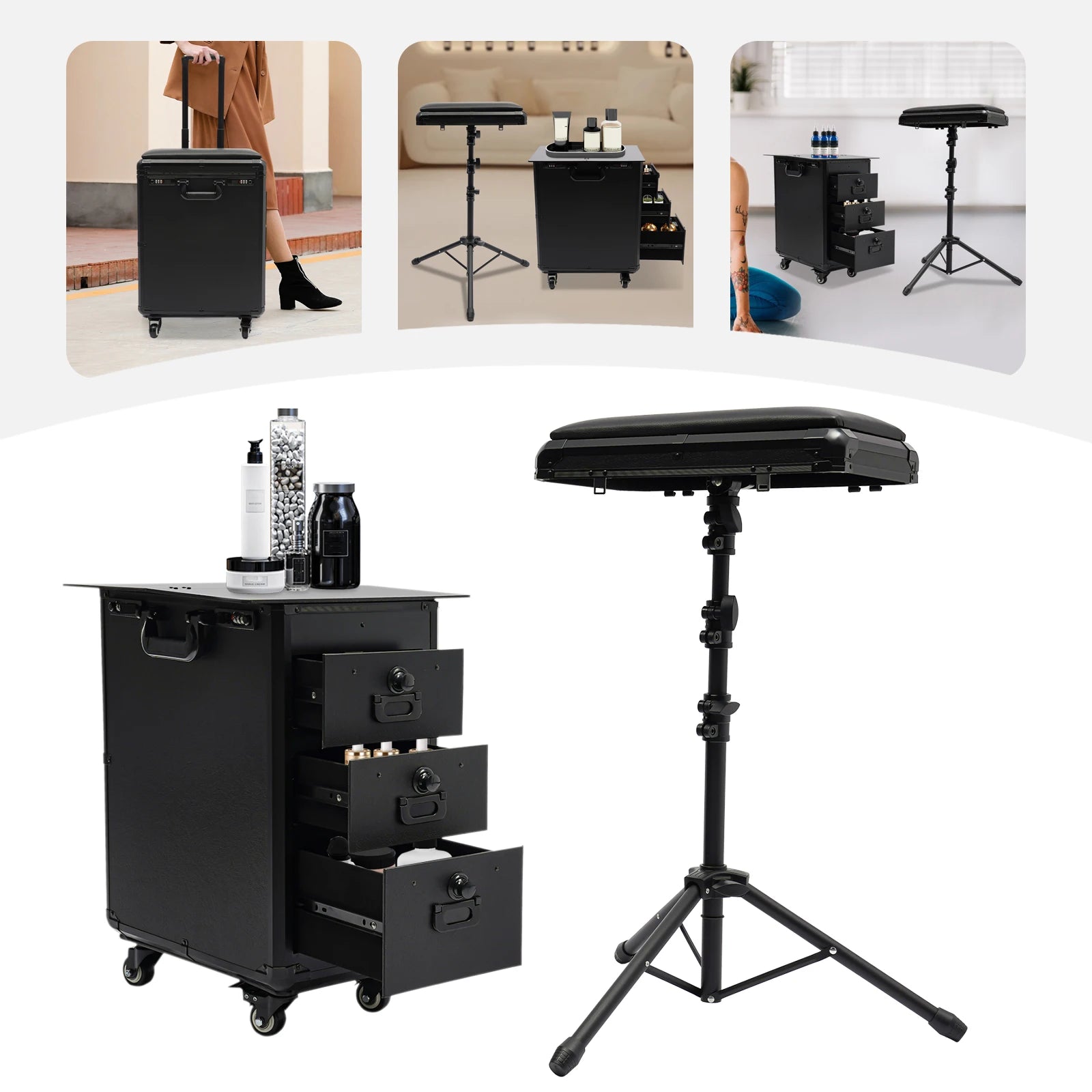 Rolling Makeup Train Case w/Tattoo Armrest Stand,Beauty Trolley Case with 3 Drawers, 4 Universal Wheels, and Combination Lock Main image