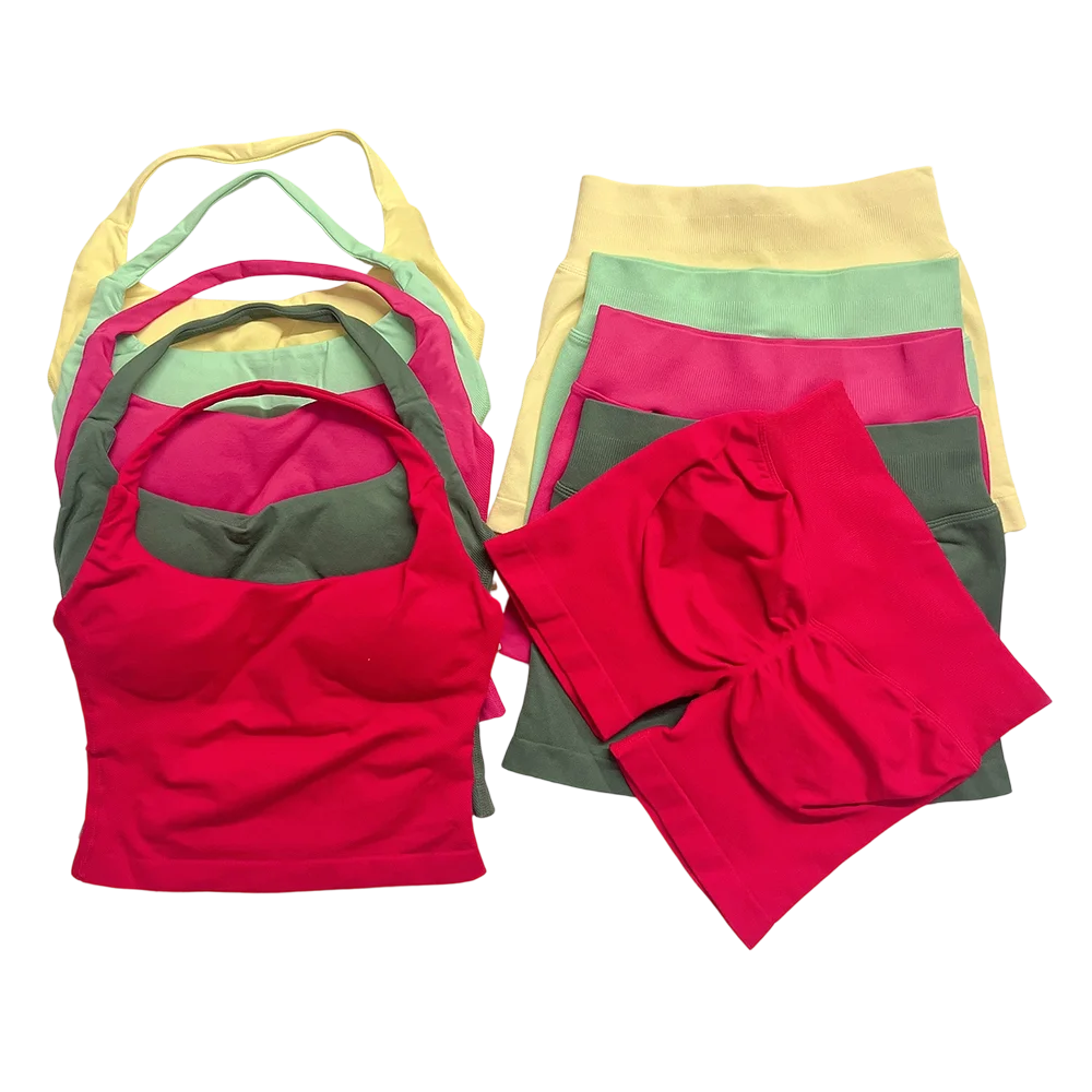 yoga outfits Women 2 pcs Sports DFNNYE Impact Set halterneck Backless Halter Top Seamless Scrunch Shorts Gym Workout Sports Suit Secondary image