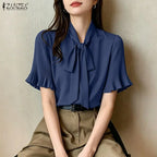 2026 ZANZEA Elegant Summer Blouse Women Stand Neck Short Sleeve Tops Stylish Solid OL Work Shirt Casual Lace-Up Holiday Tunic