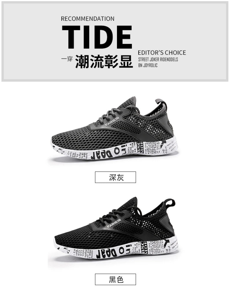 Summer Mens Black Hollow Mesh Sneakers Fashion Breathable Lightweight Casual Walking Shoes Printed Sole Outdoor Sports Footwear