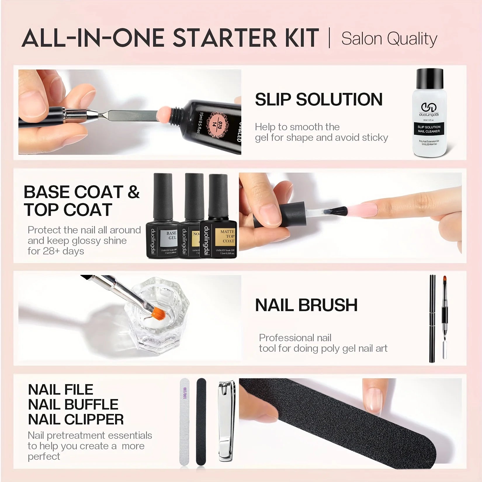 39pcs Nail Extension Gel Kit - contains all the basic nail tools, easy to use for beginners Easy salon nail construction gel