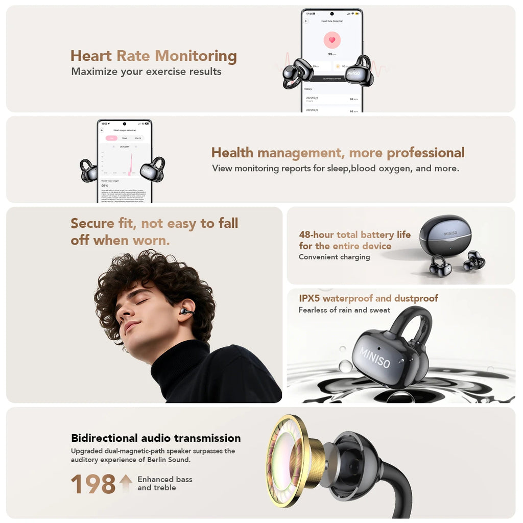 MINISO MS503 Wireless Bluetooth Earbuds AI Translation Earphones Outdoor Sports Headphones Clear Sound Headset Soft Comfortable