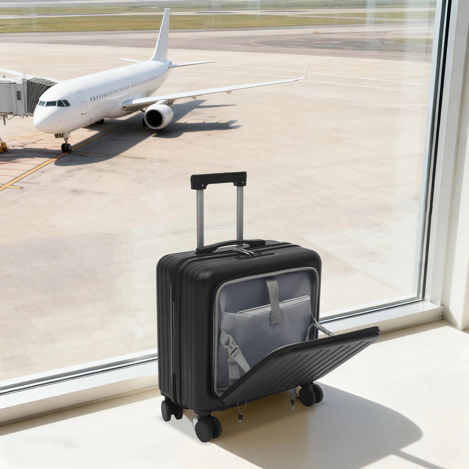 Carry on Luggage Scooter Suitcase Trolley Case 18"ABS Shell Cabin Luggage Front Open Compartment Multifunction Wheels Expandable
