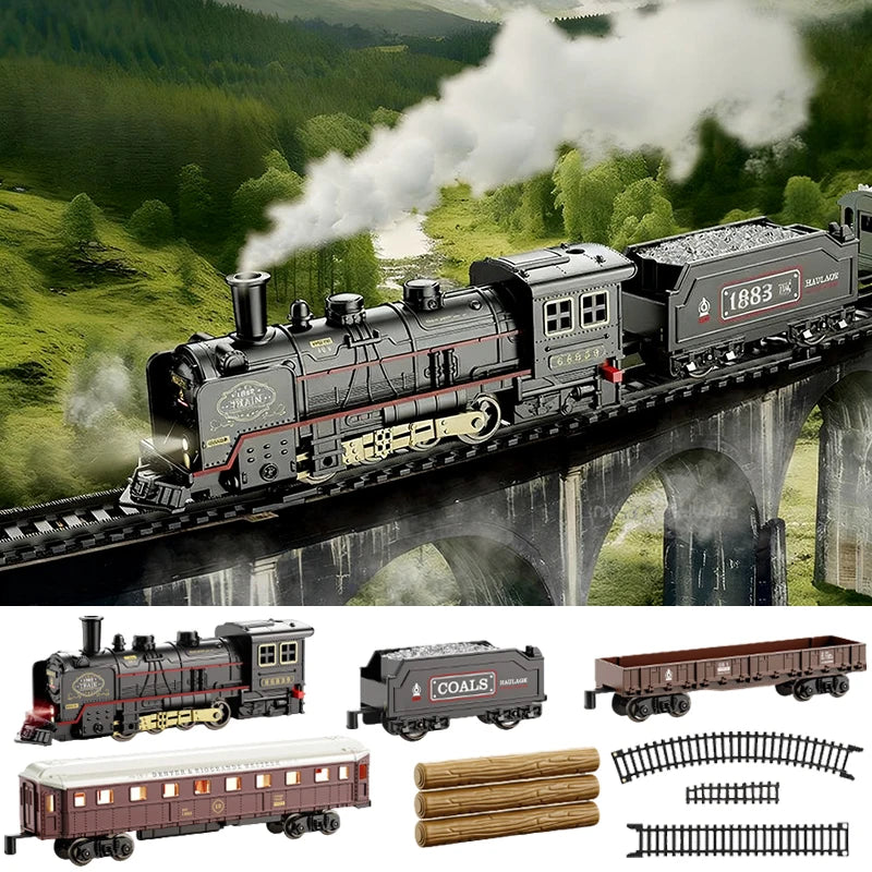 Kids Retro Electric Steam Train Rail Toys Classical Railway Freight Train High-Speed Tracks Train Model Boys Toys Christmas Gift Main image