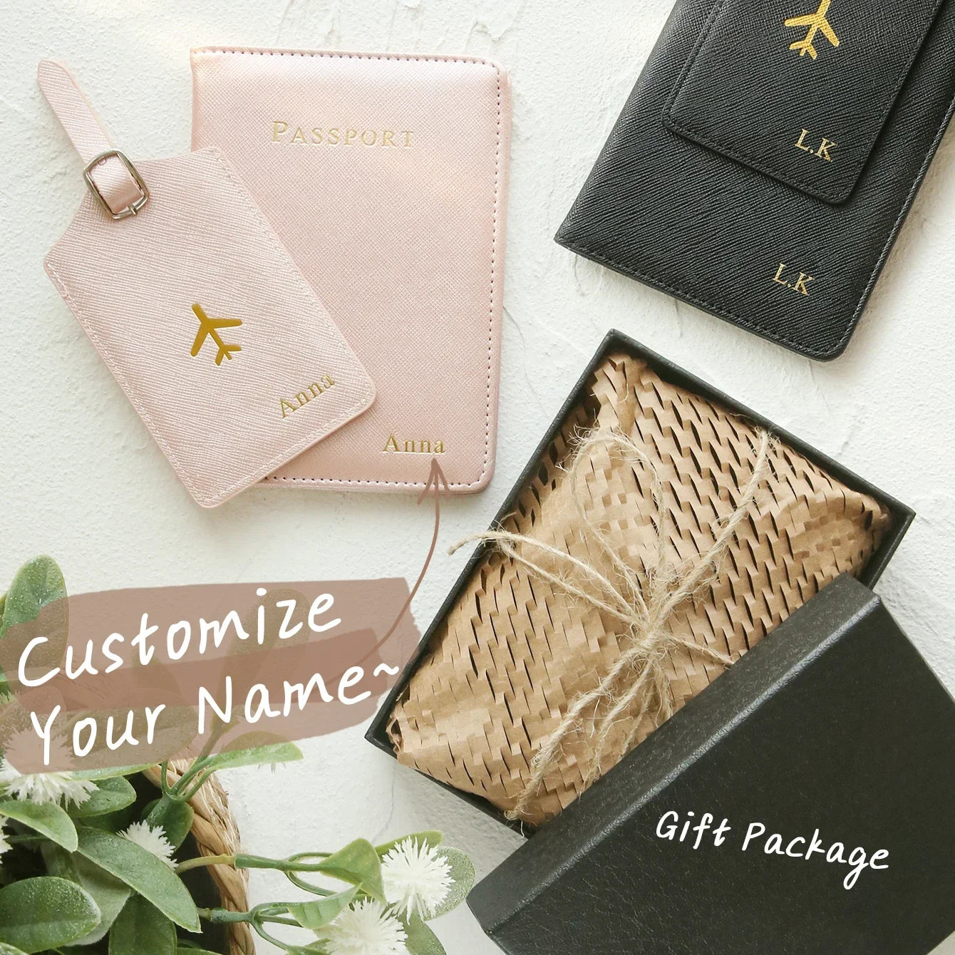 2Pcs Customizable Leather Passport Cover Luggage Tag Set with Gift Box Personalized Travel Accessories Passport Holder Gift Main image