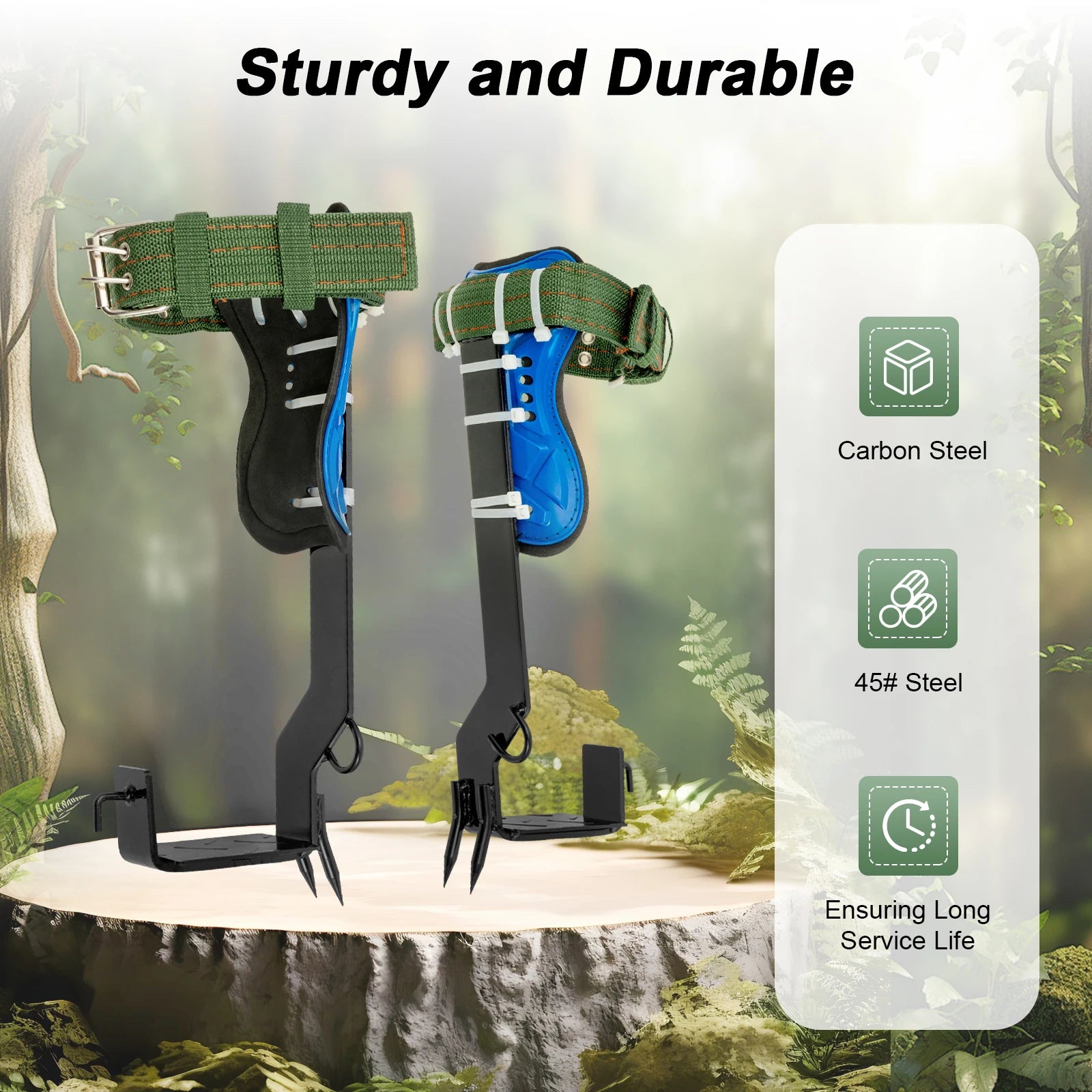 Tree Climbing Tools with Safety Belt 2M Rope 45# Steel Wide Foot Pedal Comfortable Kit for Fruit Picking, Jungle Survival, Black