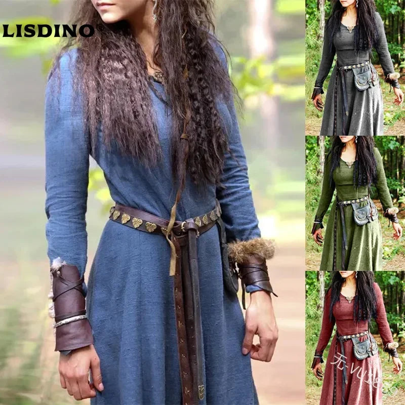 LisdinoMedieval Dress Women Long Sleeve Maxi Robe Vintage Fairy Elven Dress Renaissance Celtic Viking Gothic Cosplay Costumes Main image