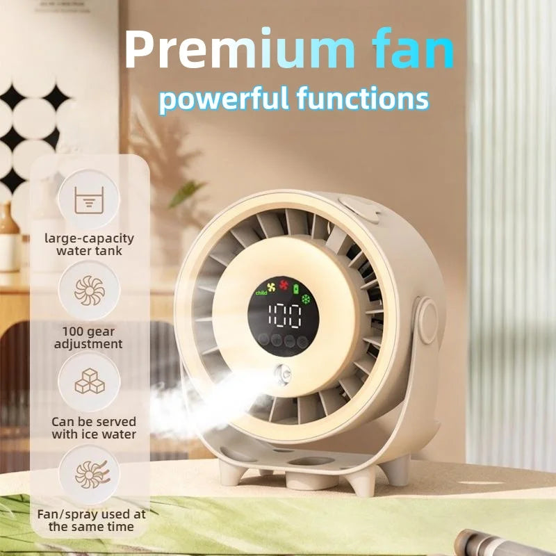New Misting Fan Humidifying Rapid Cooling Hanging Hole Low Noise Digital Display Button Controlled Speed Fine Absorbable