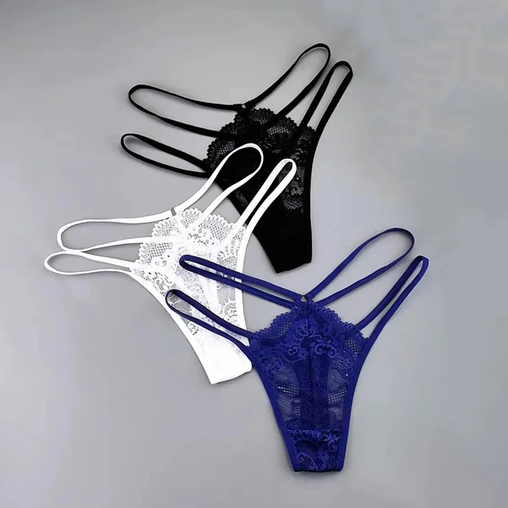 3 Pcs Lace Thin Strap Thong Women Low Waist Sexy Perspective Underwear Ladies Transparent G-string Panty Plus Size T-back Main image