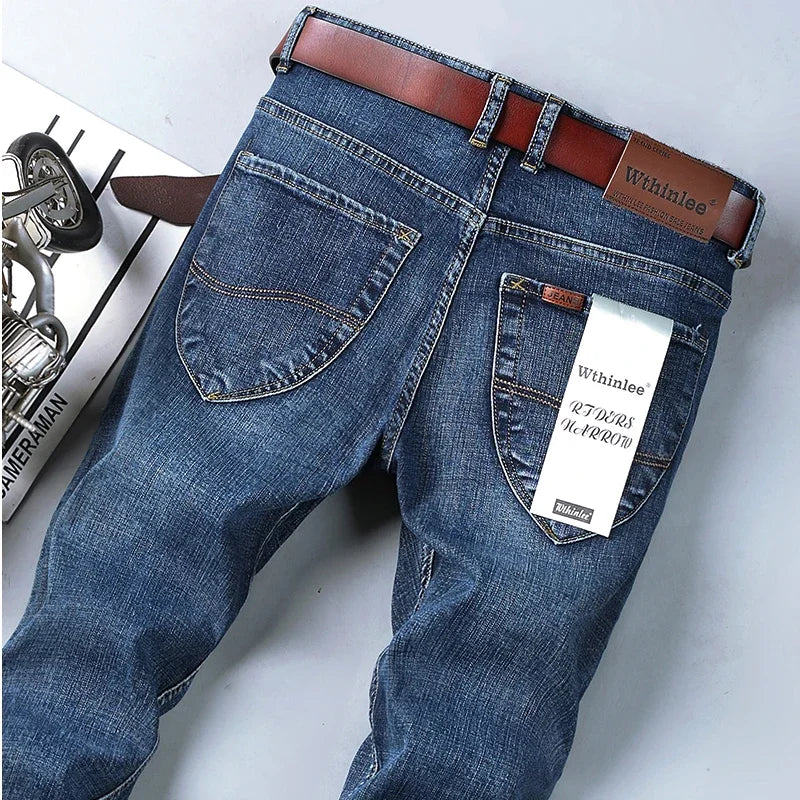 WTHINLEE Business Men's Jeans Casual Straight Stretch Fashion Classic Blue Work Denim Trousers Male Brand Clothing Size 28-40