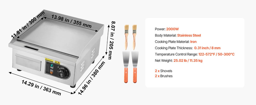 SucceBuy Commercial Electric Griddle 50-300°C Adjustable Temp Control, Stainless Steel Countertop Flat Top Grill for Steak Panc