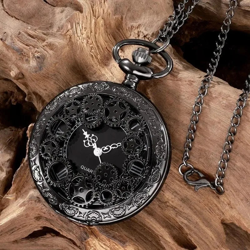 1pc Black Retro Hollow Gear Carved Quartz Pocket Watch Necklace Pendant Clock Chain Men Women Memorial Gift