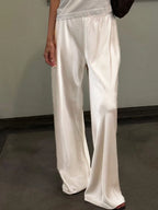 Chic Satin Wide Leg Dress Pants Women's Stylish Elastic Waist Loose Fit Long Trousers for Streetwear Work Solid Color