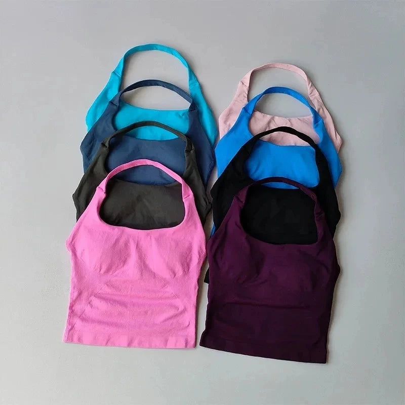 Seamless Halter Neck Yoga Tank Tops for Women Built-in Bra Padded Gym Top Sleeveless Shirt Fitted Backless Workout Clothes Secondary image