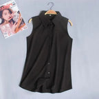 #2503 Woman Tops And Blouses Sleeveless Shirt Women Summer Thin Vest Pullover Button Basic Top Chiffon Red White Black Polo Neck