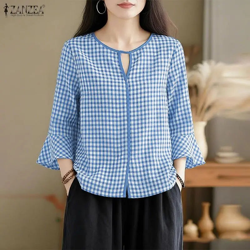 ZANZEA Women Summer Plaid Patchwork Blouse 3/4 Flare Sleeve Cut Out Tops Casual Loose Shirt Retro Chemise Female Work Blusas