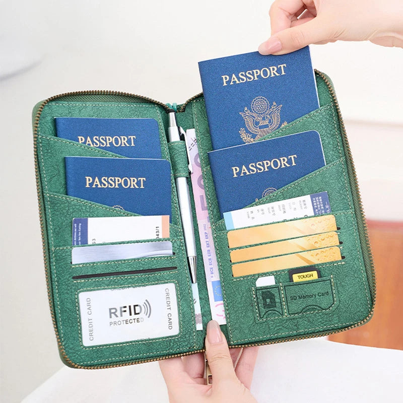 Multi-Functional RFID Blocking Passport Bag Travel Document Holder with Long Zipper Ticket Storage Wallet for Multiple Passports