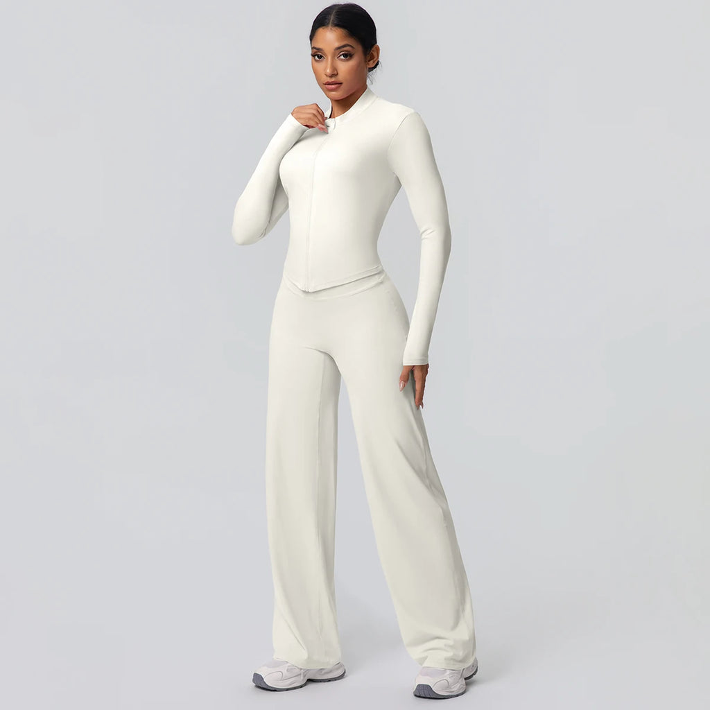 2pieces Quick Drying Sports Fitness Clothing Yoga Set Women Yoga Zipper Long Dleeves High Waisted Breathable Wide Leg Pants Set