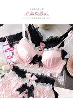 YUQI Kawaii Japanese Lolita Lingerie Set - Cute Bow Bra Cover & Panties for Small Chest, Pure Sexy Teen Girl Charm XS-S Cup Bra